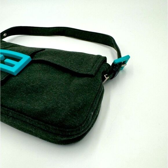 Auth Dark Fendi Green Jersey Fabric Baguette Shoulder Bag Preloved Purse - Picture 4 of 12